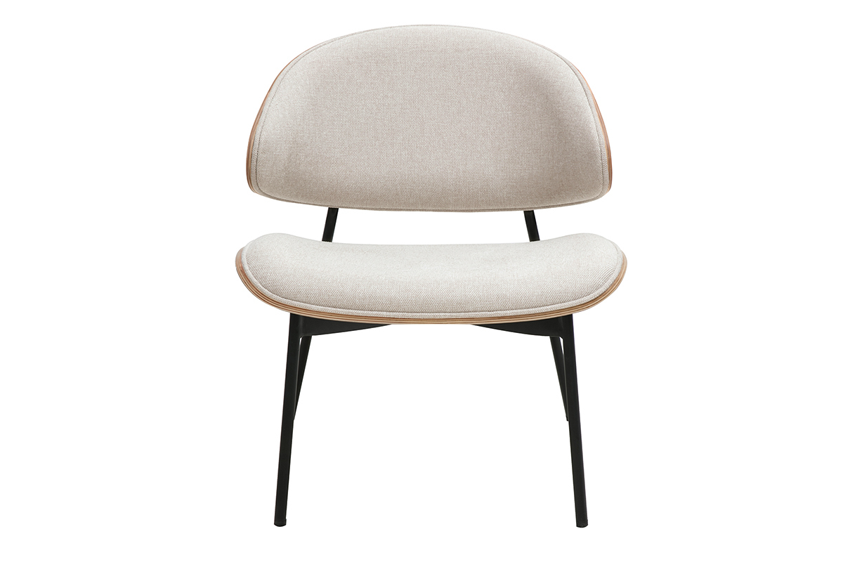 Fauteuil en tissu effet velours textur beige, bois clair et mtal noir FABULO