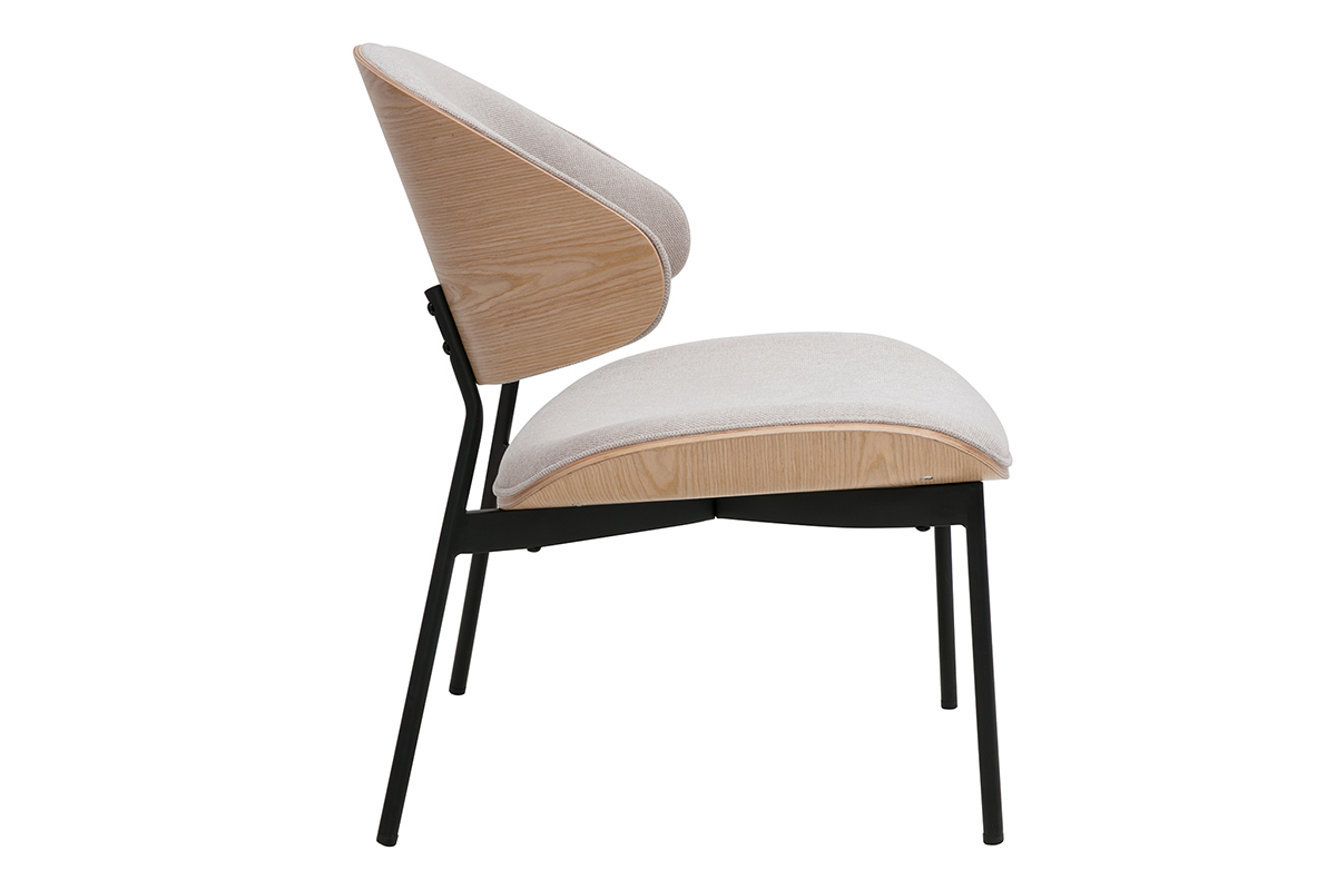 Fauteuil en tissu effet velours textur beige, bois clair et mtal noir FABULO