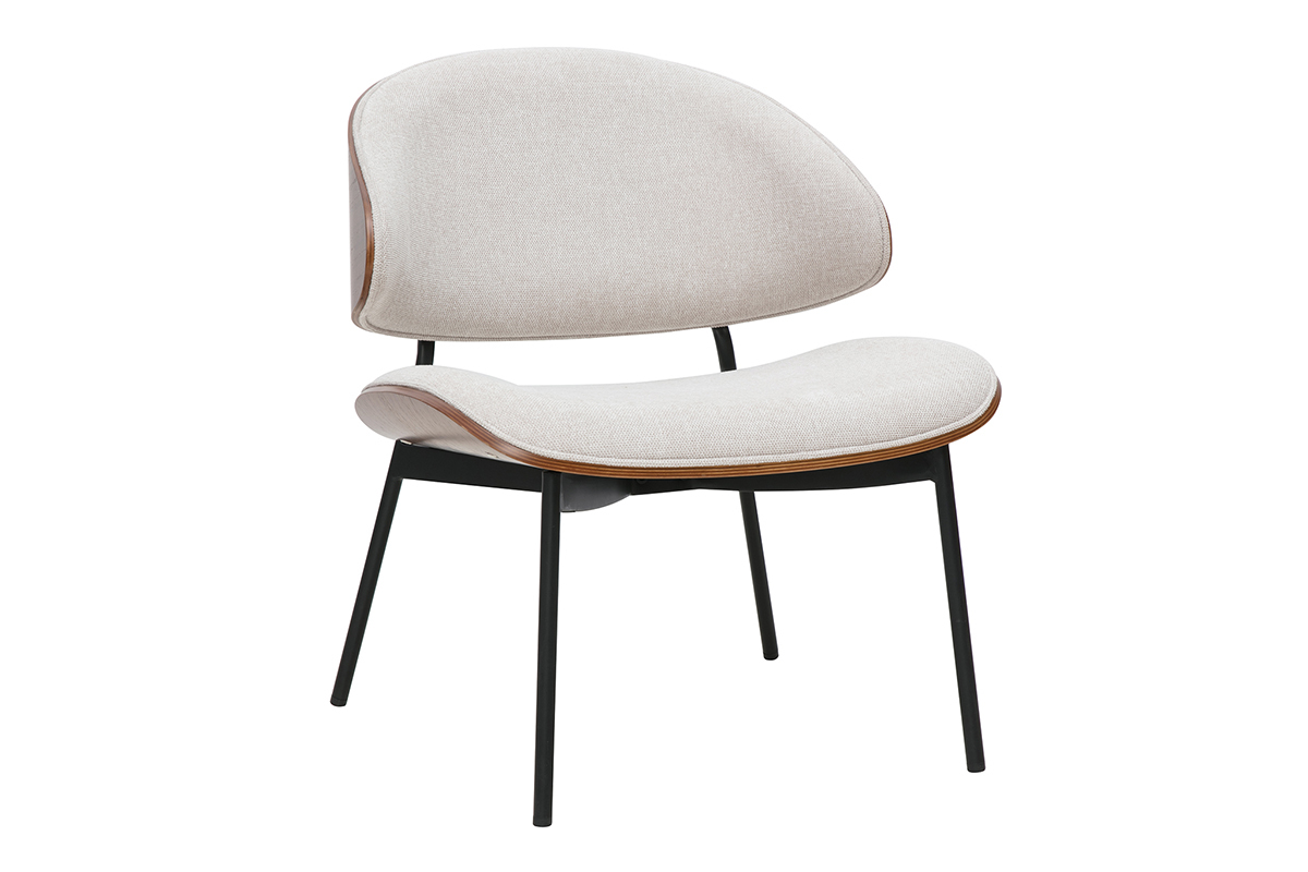 Fauteuil en tissu effet velours textur beige, bois fonc et mtal noir FABULO