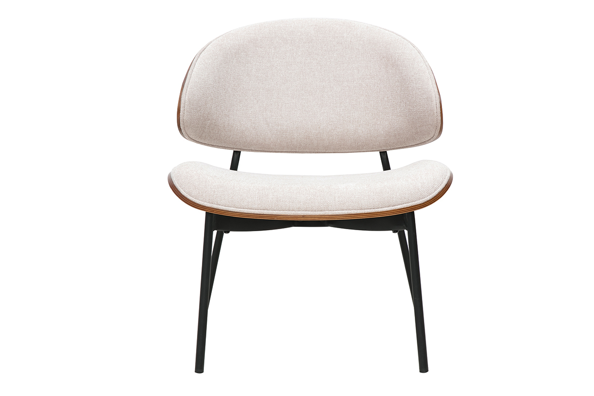Fauteuil en tissu effet velours textur beige, bois fonc et mtal noir FABULO
