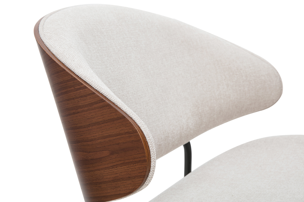 Fauteuil en tissu effet velours textur beige, bois fonc et mtal noir FABULO