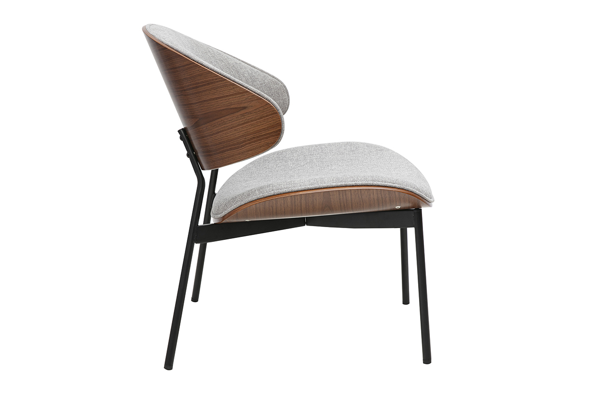 Fauteuil en tissu effet velours textur gris, bois fonc et mtal noir FABULO