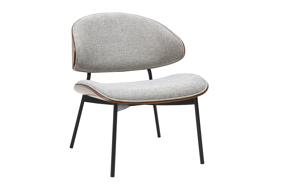Fauteuil en tissu effet velours textur gris, bois fonc et mtal noir FABULO