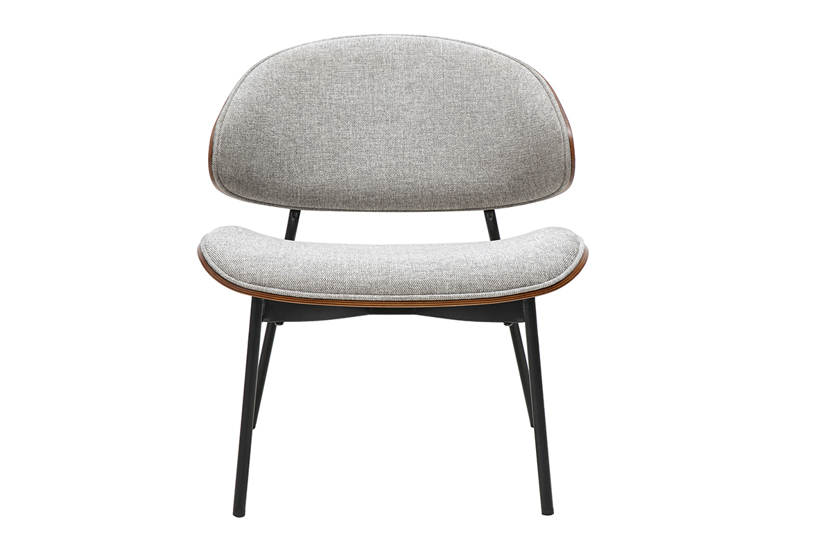 Fauteuil en tissu effet velours textur gris, bois fonc et mtal noir FABULO