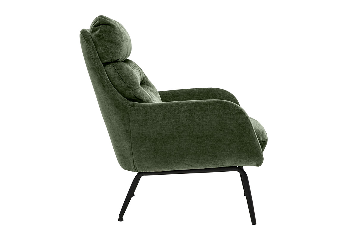 Fauteuil en tissu effet velours vert kaki et m�tal noir BENI