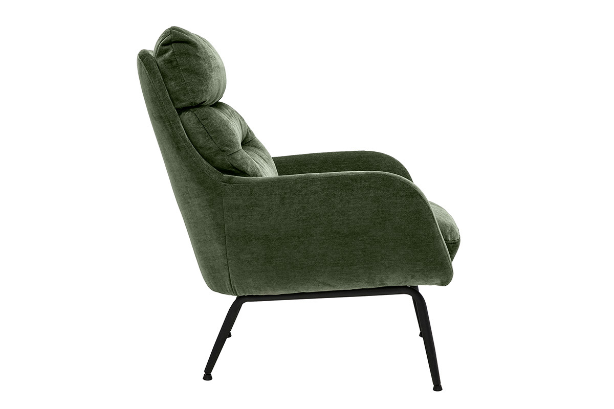 Fauteuil en tissu effet velours vert kaki et m�tal noir BENI