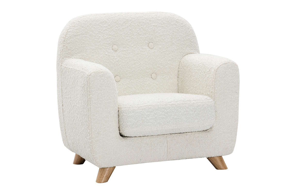 Fauteuil enfant scandinave en tissu effet laine bouclée blanc et bois clair NORKID