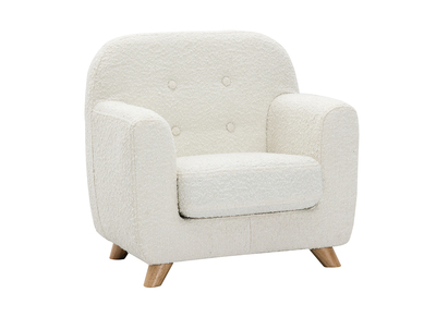 Fauteuil enfant scandinave en tissu effet laine bouclée blanc et bois clair NORKID