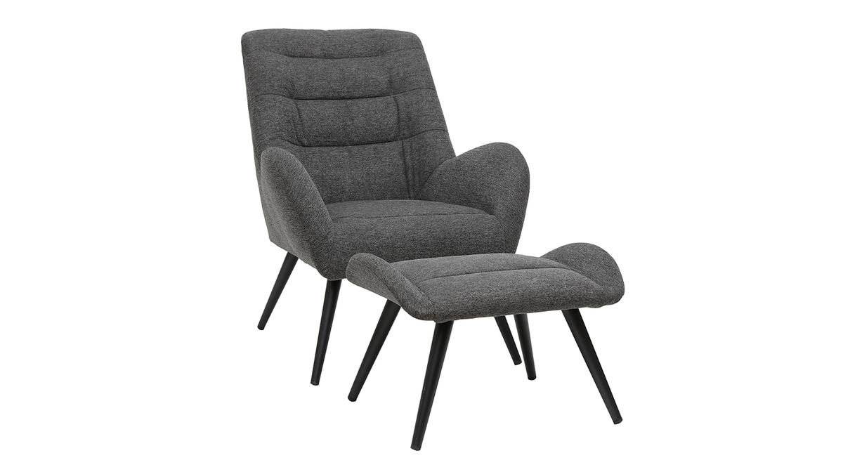 Fauteuil et repose-pieds design en tissu gris fonc et mtal noir ZOE