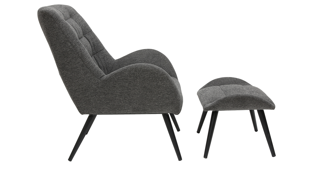 Fauteuil et repose-pieds design en tissu gris fonc et mtal noir ZOE