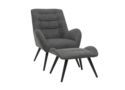 Fauteuil et repose-pieds design en tissu gris foncé et métal noir ZOE