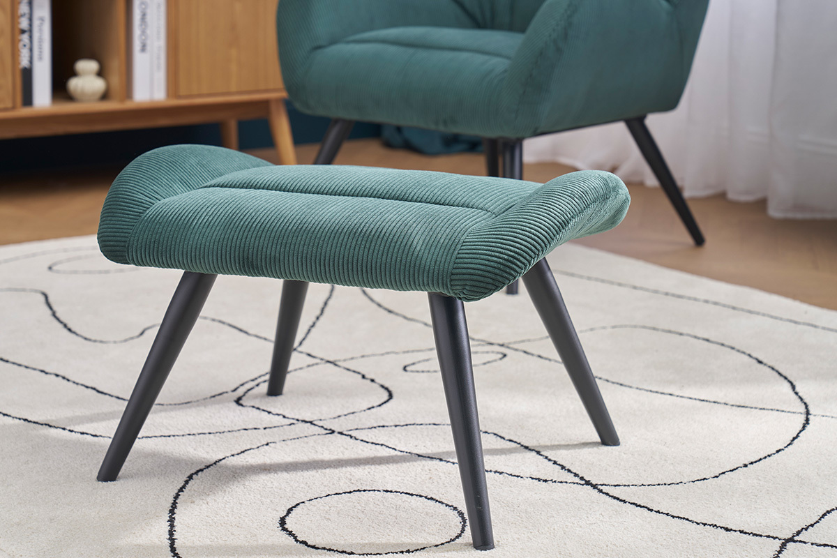 Fauteuil et repose-pieds design en tissu velours c�tel� vert et m�tal noir ZOE
