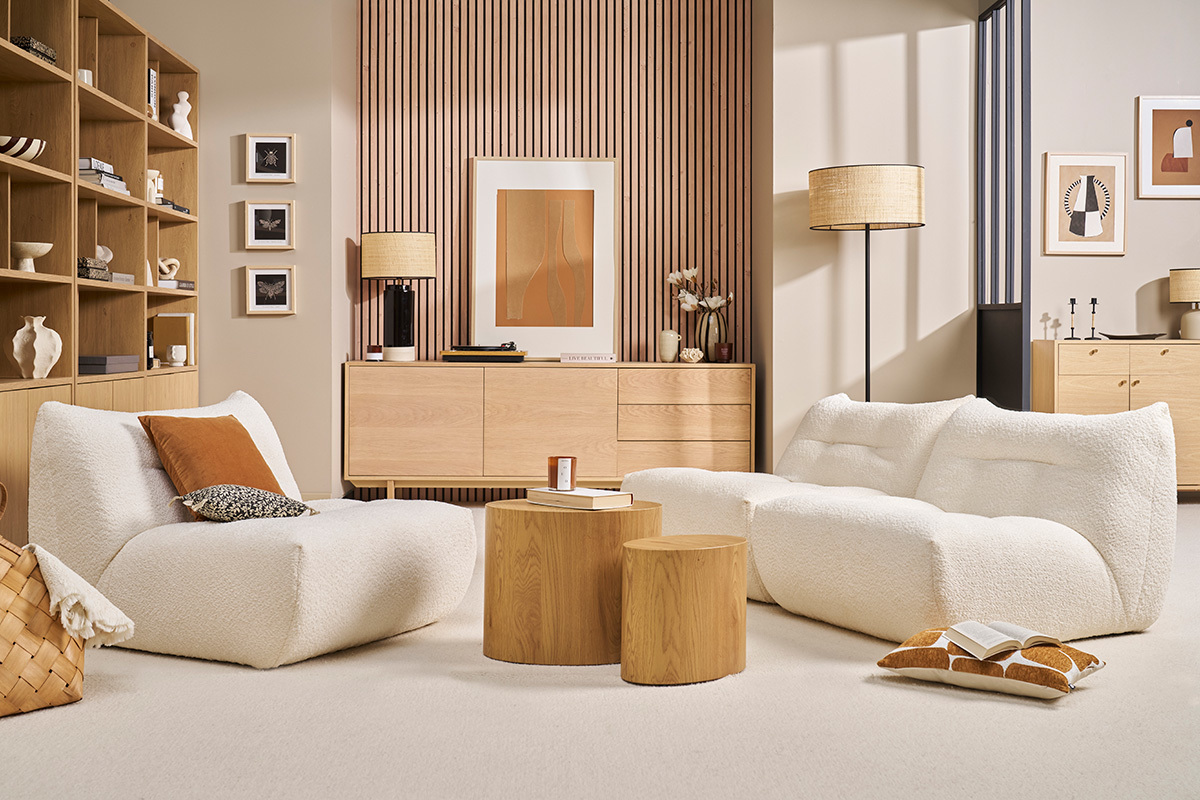 Fauteuil lounge en tissu bouclette blanc cass BUMPY