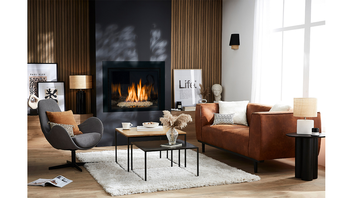 Fauteuil pivotant design en tissu effet velours gris et mtal noir ANDY - Miliboo & Stphane Plaza