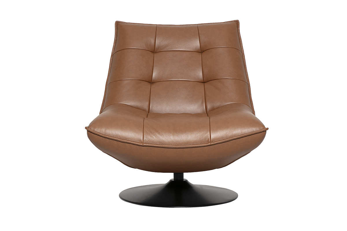 Fauteuil pivotant en cuir marron et m�tal noir HUXLEY