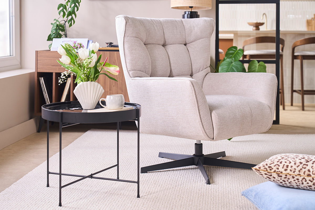 Fauteuil pivotant en tissu effet velours vert kaki et m�tal AVERY