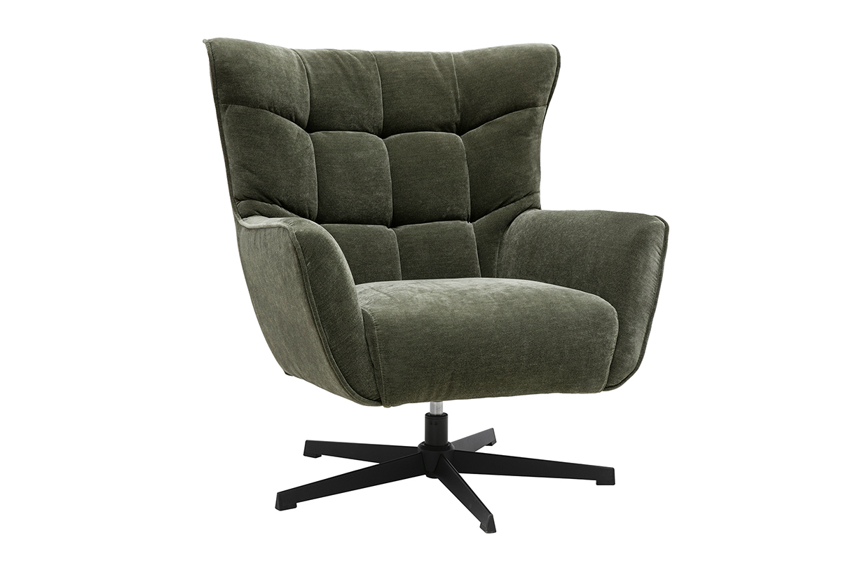 Fauteuil pivotant en tissu effet velours vert kaki et m�tal AVERY