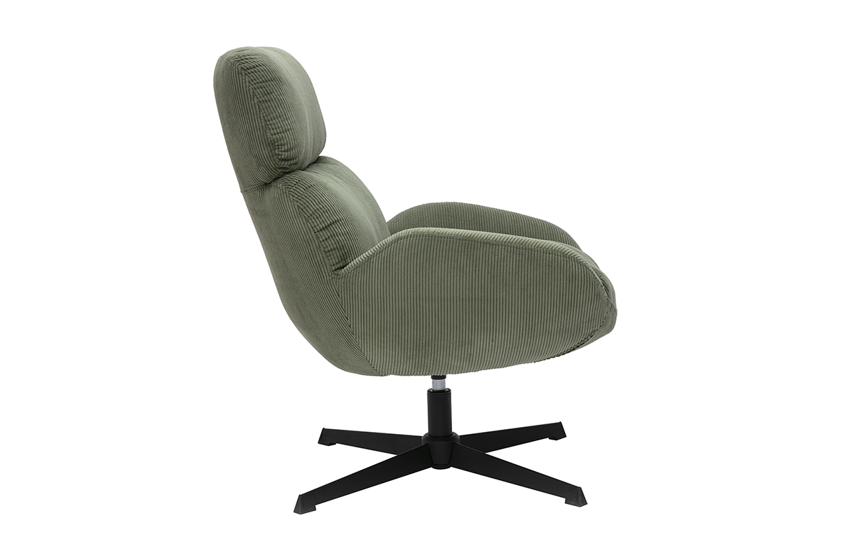 Fauteuil pivotant en tissu velours ctel vert kaki et mtal noir KLEM