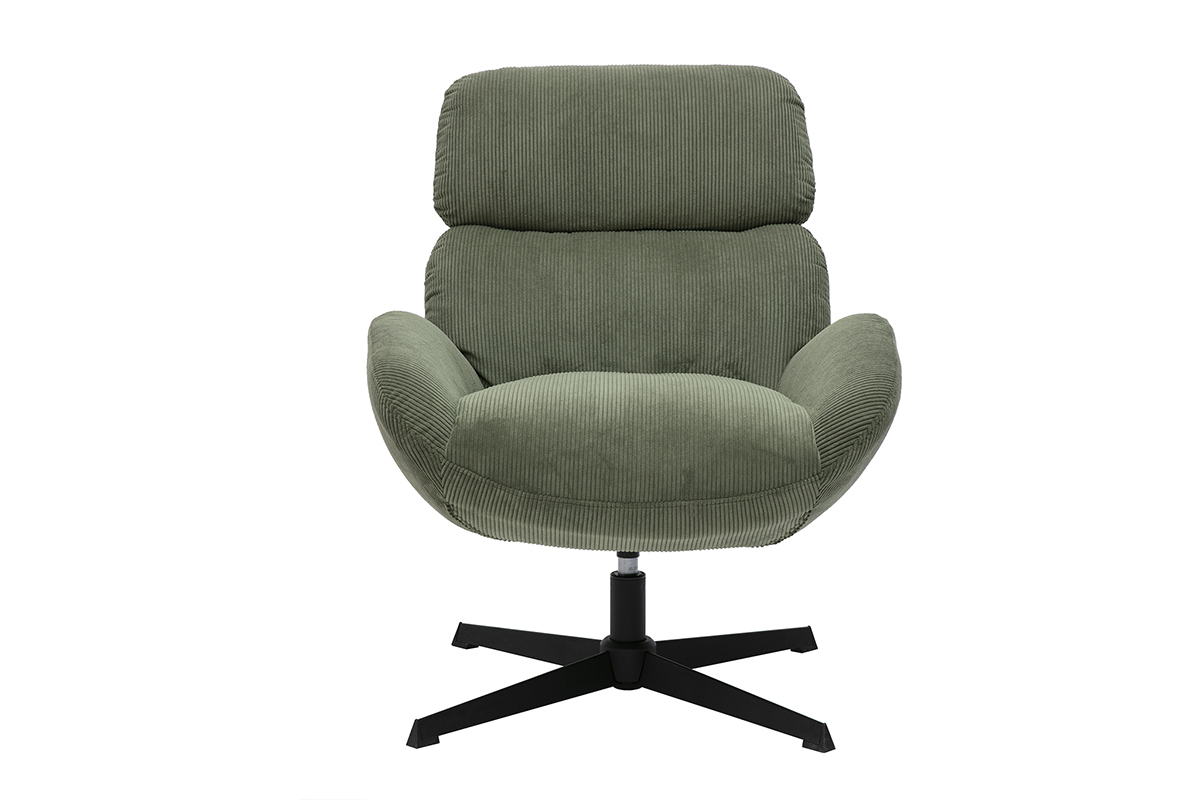 Fauteuil pivotant en tissu velours ctel vert kaki et mtal noir KLEM