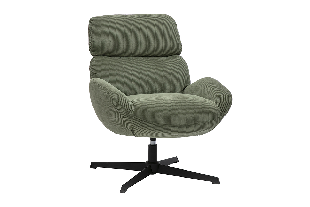Fauteuil pivotant en tissu velours ctel vert kaki et mtal noir KLEM