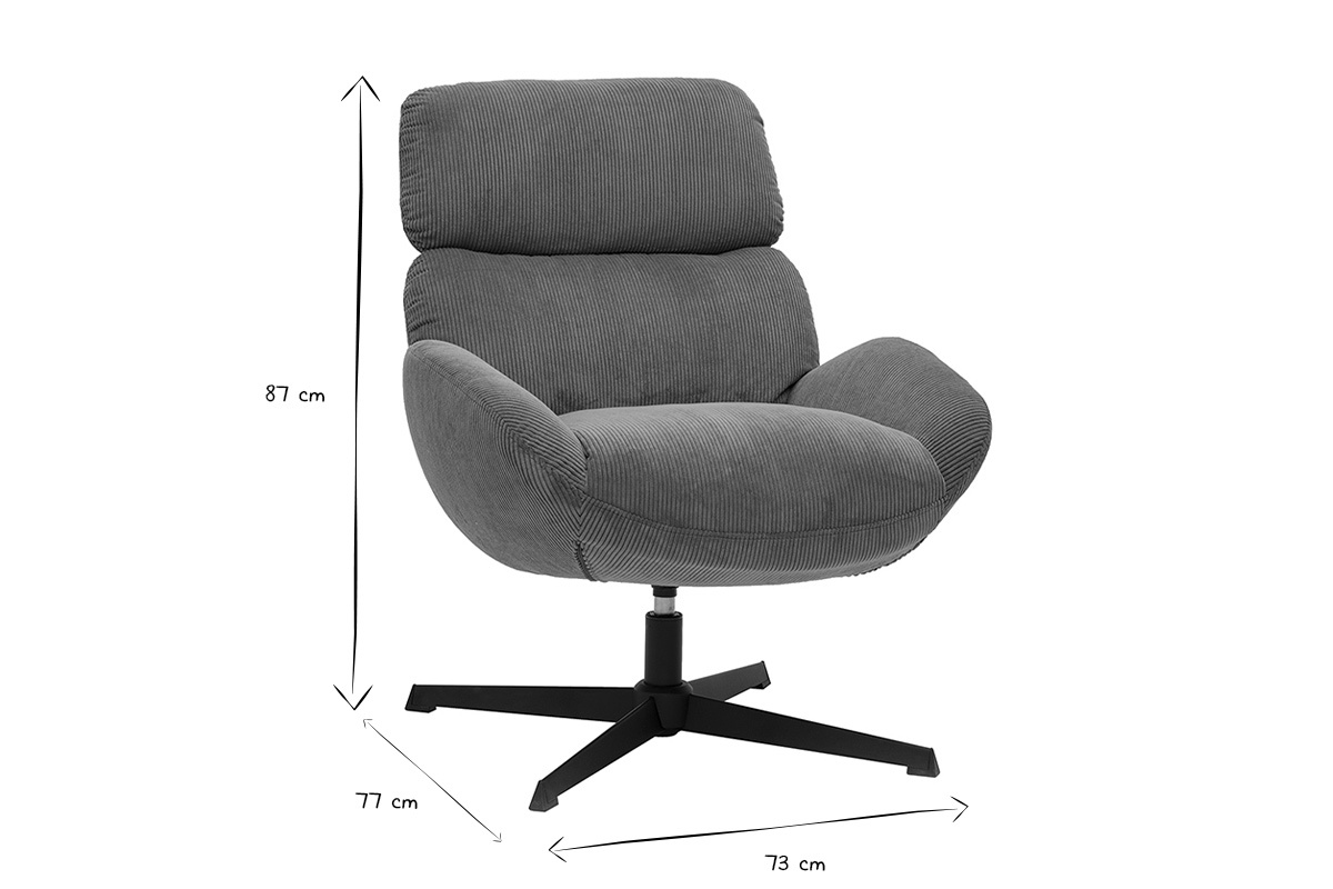 Fauteuil pivotant en tissu velours ctel vert kaki et mtal noir KLEM