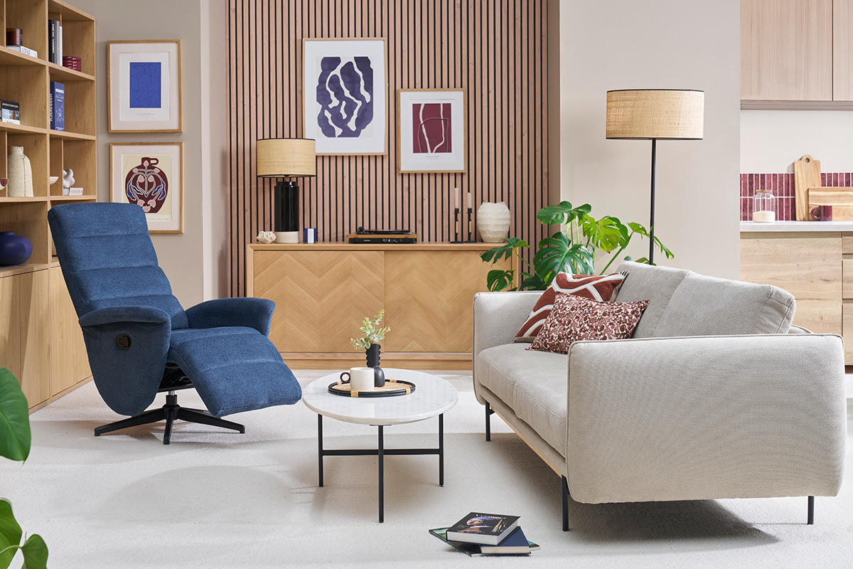 Fauteuil pivotant relax manuel en tissu chenille bleu fonc NELSON