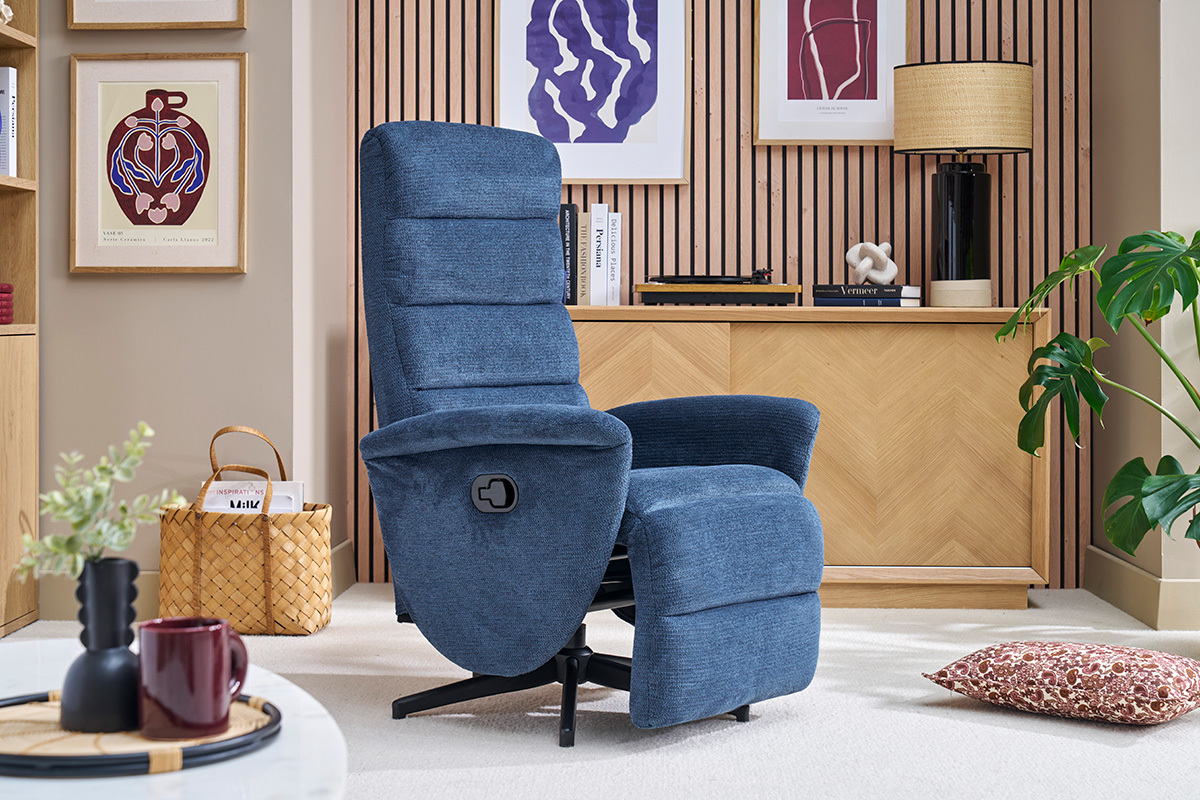 Fauteuil pivotant relax manuel en tissu chenille bleu fonc NELSON
