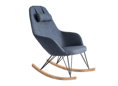 Fauteuil relax - Rocking chair tissu jean pieds m&eacute;tal et fr&ecirc;ne JHENE
