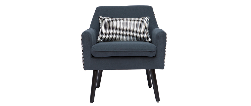 Fauteuil r�tro en velours bleu gris et tissu pied-de-poule DORIS