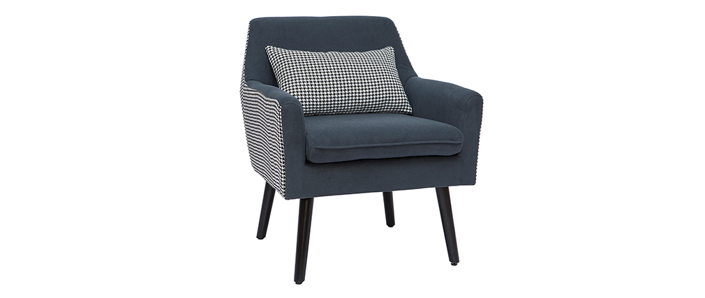Fauteuil r�tro en velours bleu gris et tissu pied-de-poule DORIS