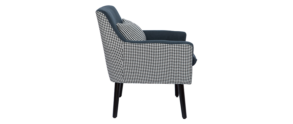 Fauteuil r�tro en velours bleu gris et tissu pied-de-poule DORIS