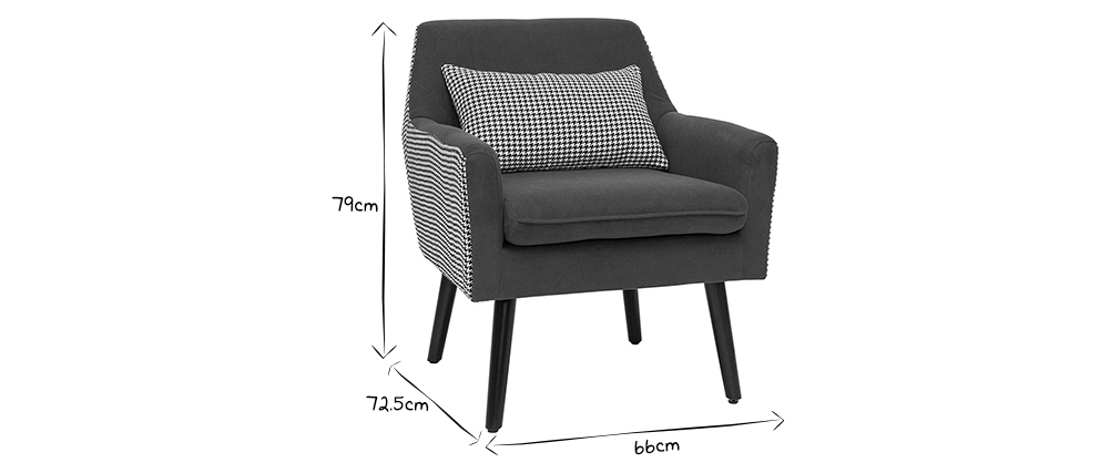 Fauteuil r�tro en velours bleu gris et tissu pied-de-poule DORIS