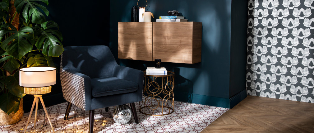 Fauteuil r�tro en velours bleu gris et tissu pied-de-poule DORIS