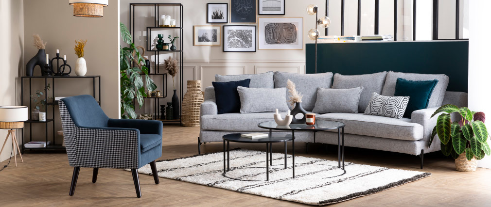 Fauteuil r�tro en velours bleu gris et tissu pied-de-poule DORIS