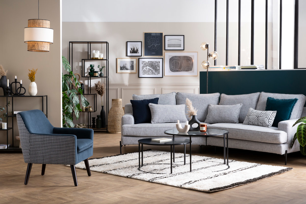 Fauteuil r�tro en velours bleu gris et tissu pied-de-poule DORIS