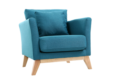 Fauteuil scandinave d&eacute;houssable bleu canard pieds bois clair OSLO
