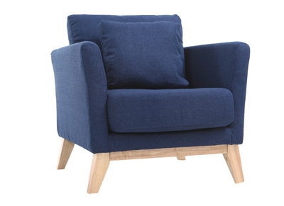 Fauteuil scandinave d&eacute;houssable bleu fonc&eacute; pieds bois clair OSLO