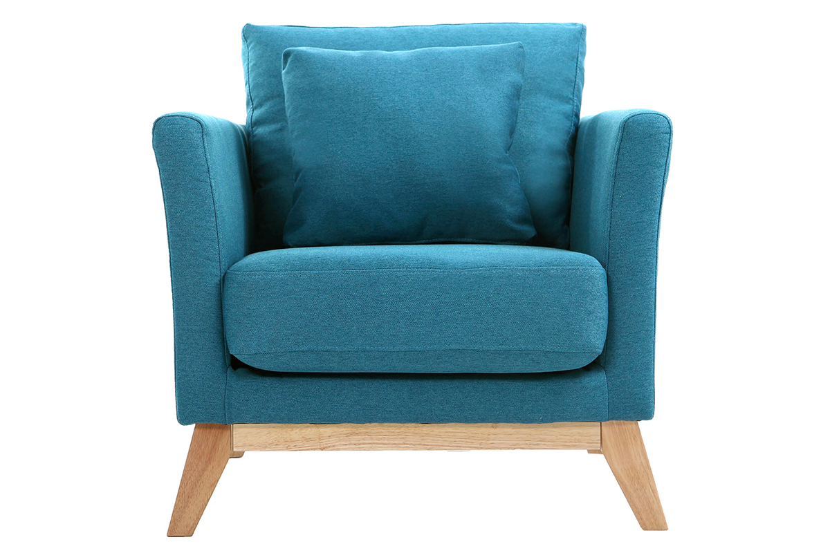 Fauteuil scandinave dhoussable en tissu bleu canard et bois clair OSLO