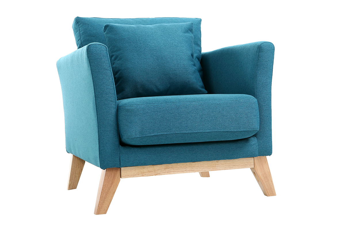Fauteuil scandinave dhoussable en tissu bleu canard et bois clair OSLO