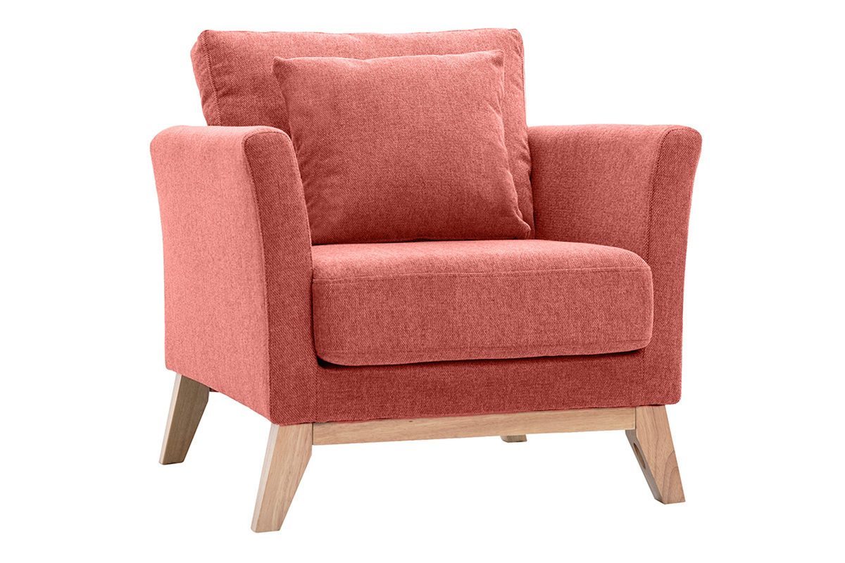 Fauteuil scandinave déhoussable en tissu effet velours texturé terracotta et bois clair OSLO