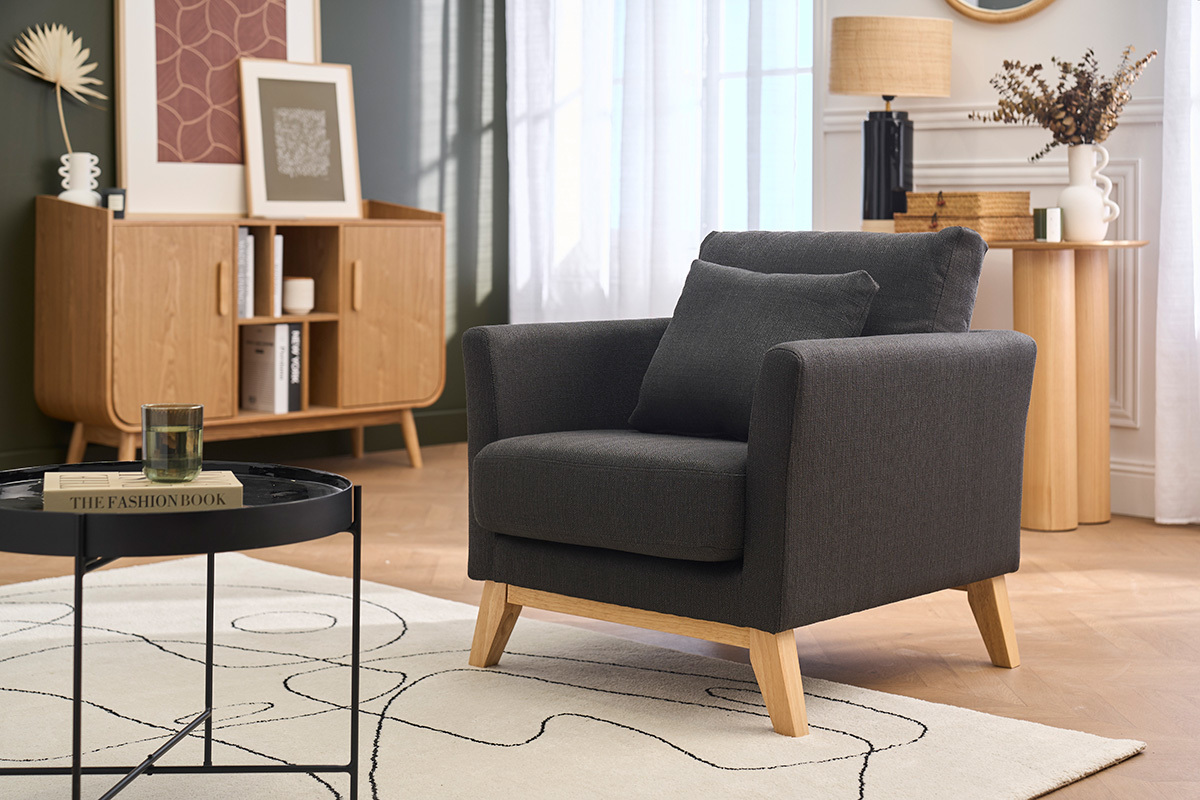 Fauteuil scandinave d�houssable en tissu gris fonc� et bois clair OSLO