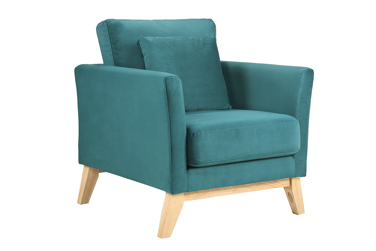 Fauteuil scandinave d�houssable en tissu velours bleu p�trole et bois clair OSLO