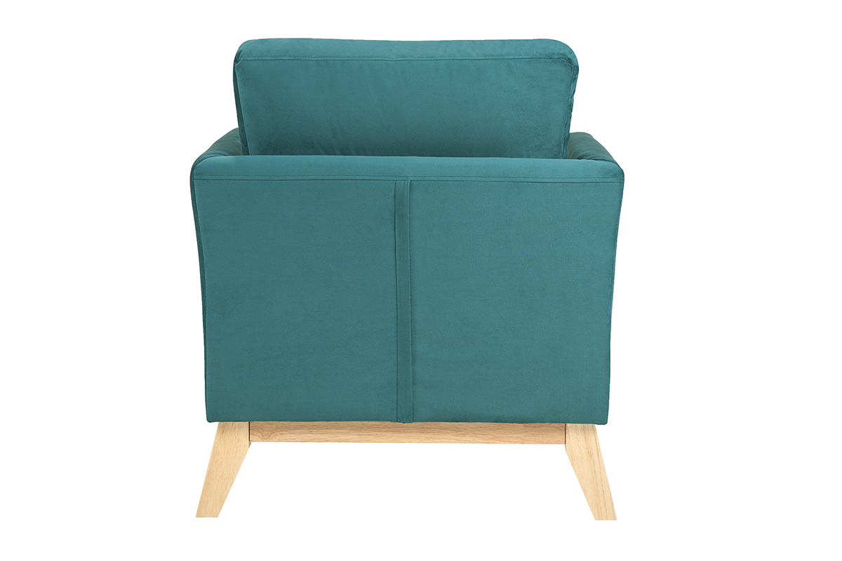 Fauteuil scandinave d�houssable en tissu velours bleu p�trole et bois clair OSLO