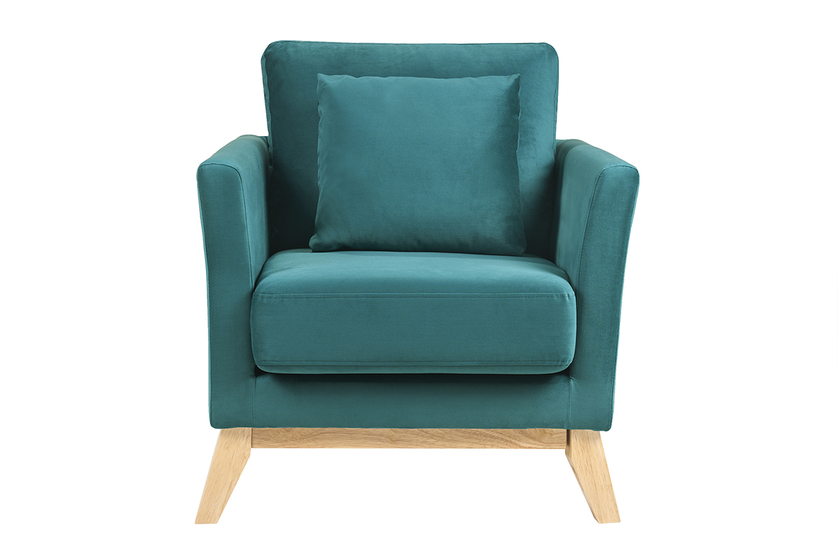 Fauteuil scandinave d�houssable en tissu velours bleu p�trole et bois clair OSLO