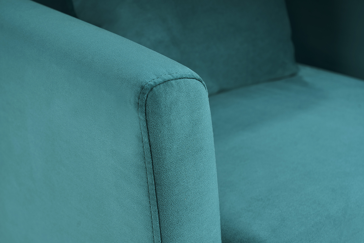 Fauteuil scandinave d�houssable en tissu velours bleu p�trole et bois clair OSLO