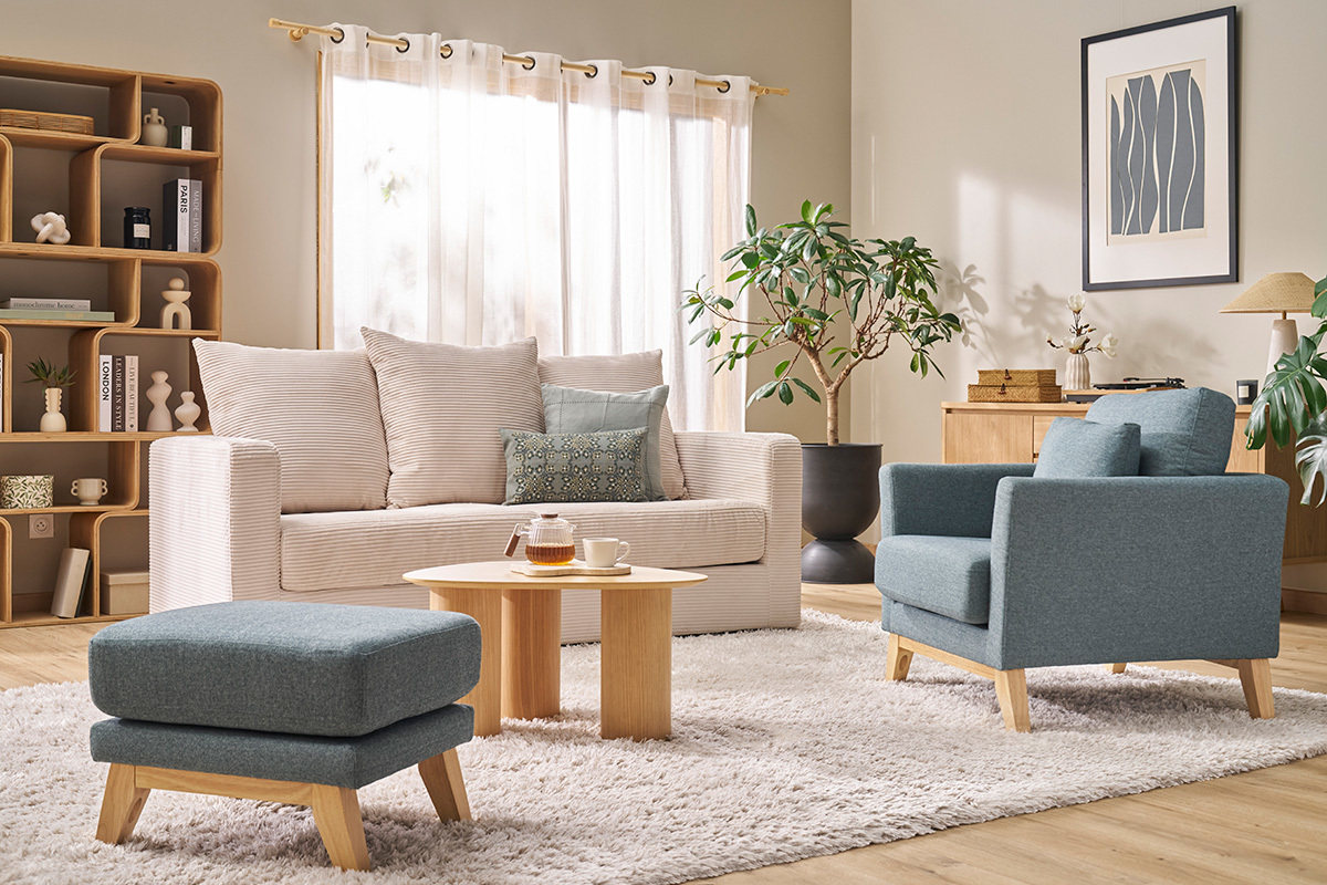 Fauteuil scandinave dhoussable en tissu vert de gris et bois clair OSLO