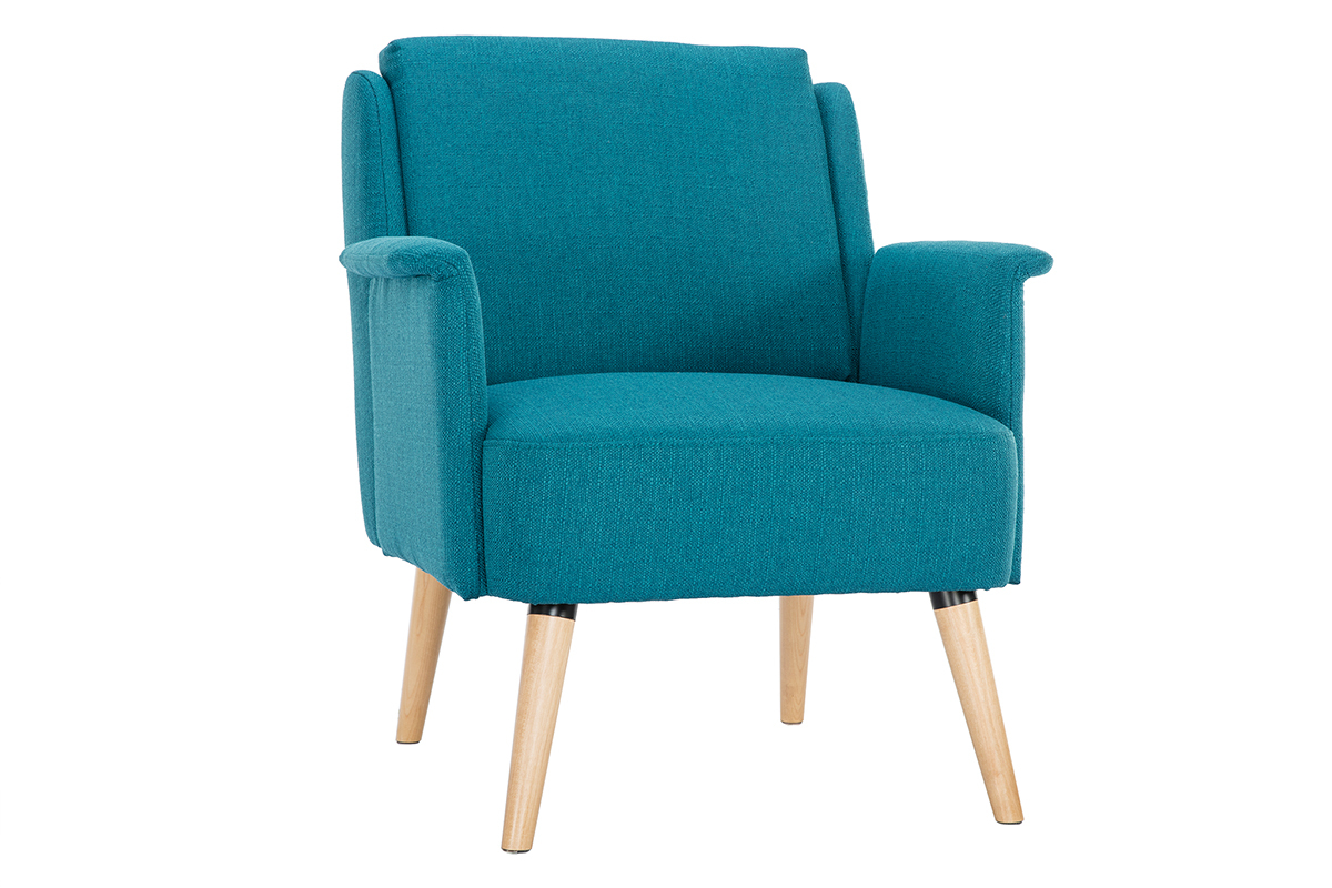 Fauteuil scandinave en tissu bleu canard et bois clair AEOLA