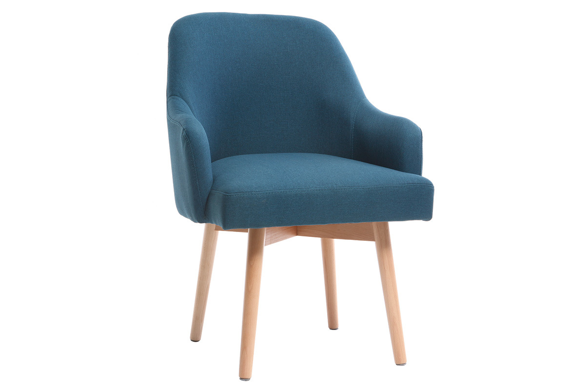 Fauteuil scandinave en tissu bleu canard et bois clair MONA