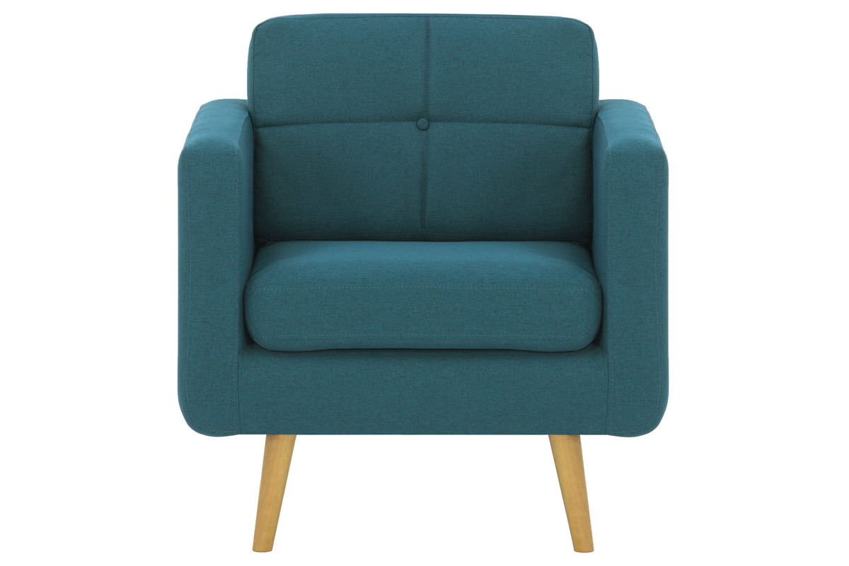 Fauteuil scandinave en tissu bleu canard et bois ELFE