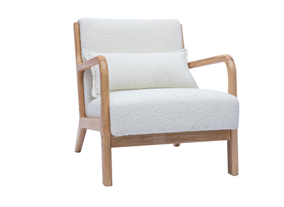 Fauteuil scandinave en tissu effet laine bouclée blanc et bois clair massif DERRY